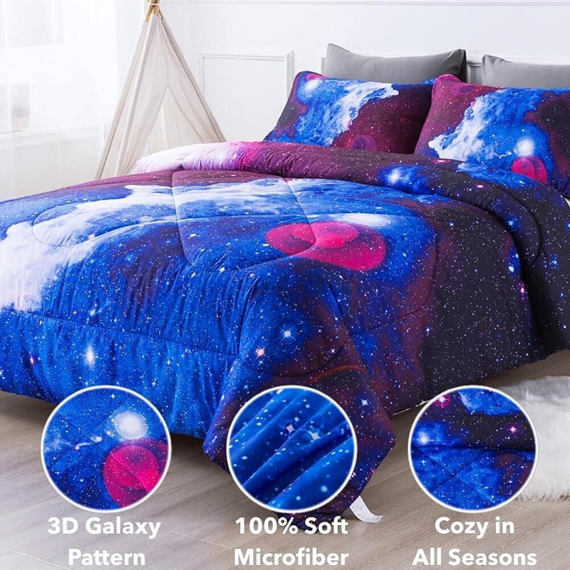 Paxrac 3D Galaxy Queen Comforter Set (90''X90''), 3 Pieces All Season down Alternative Comforter Set (1 Galaxy Blue Comforter, 2 Pillowcases), Universal Outer Space Bedding Set, Microfiber Comforter