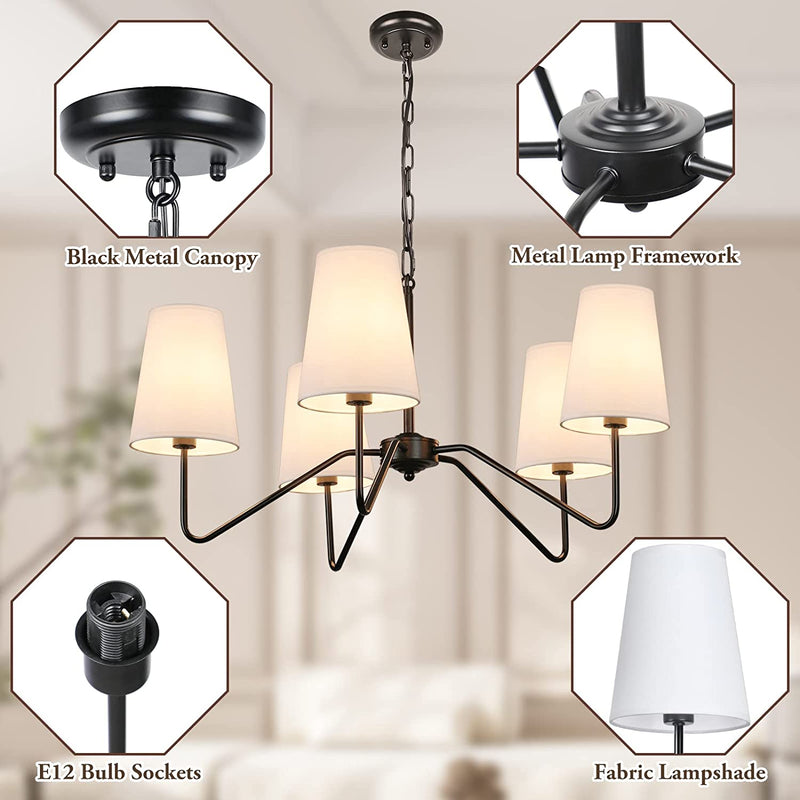 5-Light Modern Chandelier with White Shades, Classic Pendant Ceiling Light Fixture for Dining Room, 30” Black Chandelier with E12 Base Hanging Lamp for Living Room Hallway Bedroom, Height Adjustable Home & Garden > Lighting > Lighting Fixtures > Chandeliers Bosceos   