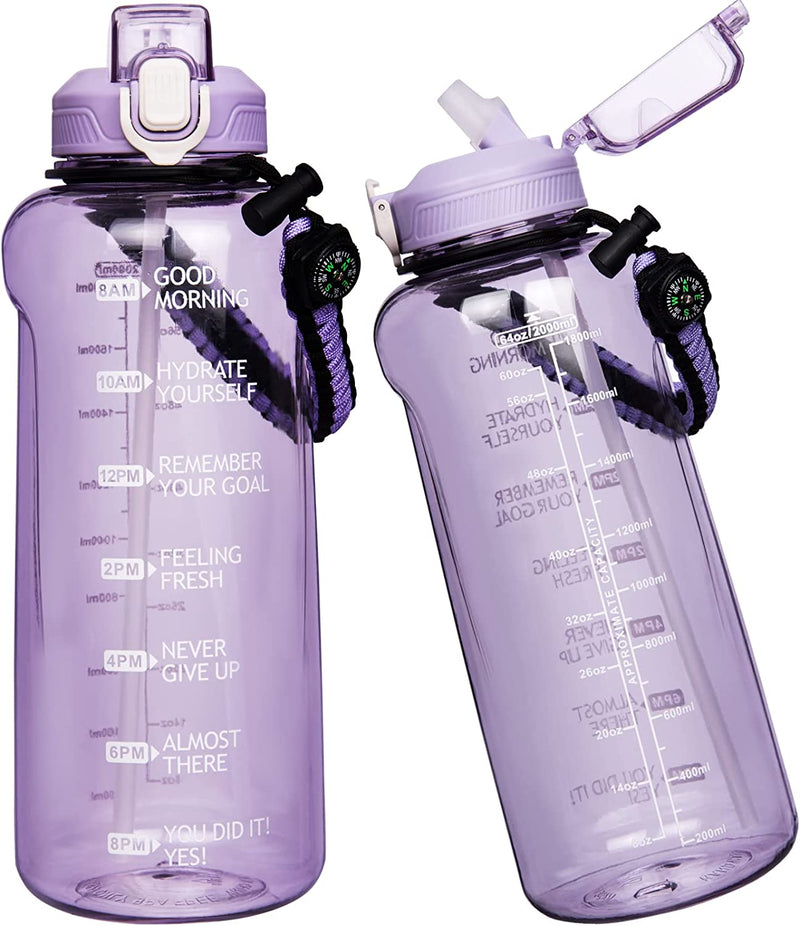 Seekua Half Gallon / 64 Oz Large Water Bottle with Straw & Time Marker Motivational Sports Drinking Bottle with Paracord Handle & Reminder (Transparent Black) Sporting Goods > Outdoor Recreation > Winter Sports & Activities Seekua Transparent Violet  