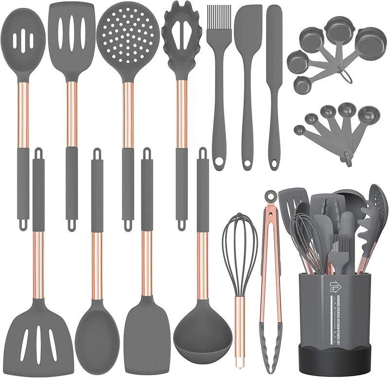 Silicone Cooking Utensil Set, Fungun Kitchen Utensils Set with Copper Handle 24 Pcs Kitchen Gadgets Tools Set, Non-Stick Heat Resistant Kitchen Spatulas Set - Khaki…