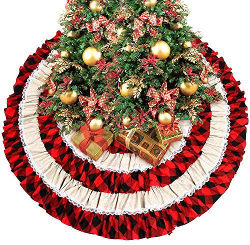 Junrui Buffalo Plaid Christmas Tree Skirt 48 Inches (120Cm), 6 Layers Ruffled Red and Black Buffalo Check Christmas Tree Skirt Burlap Xmas Tree Skirt for Holiday Christmas Decorations