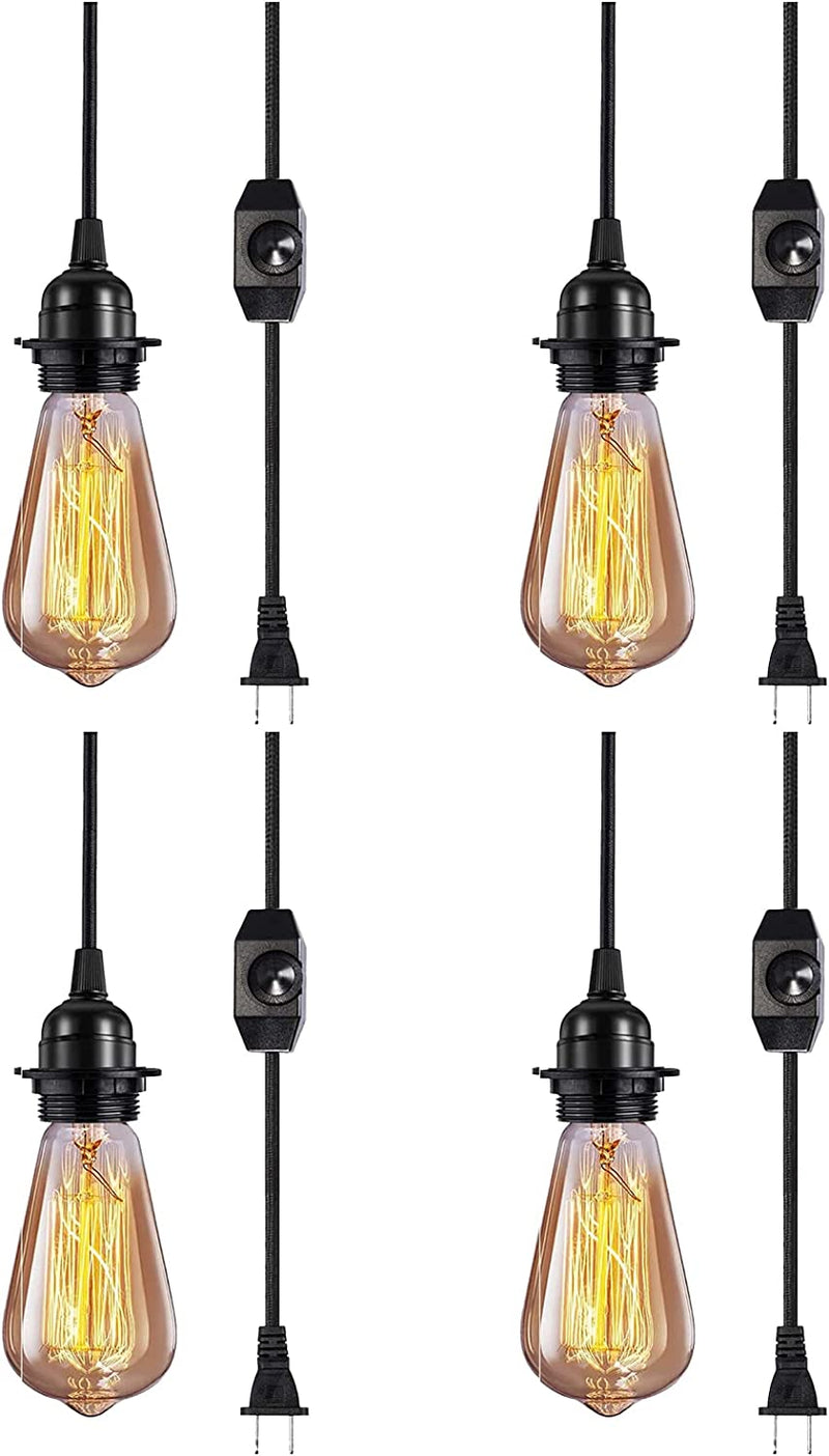 Vintage Plug in Hanging Light Kit, Elibbren Industrial Style Pendant Lighting E26 E27 Lamp Socket 12.14FT Twisted Textile Black Cord with Dimmable On/Off Switch Plug in Lamp Fixture 2 Pack Home & Garden > Lighting > Lighting Fixtures Elibbren Black 4 Pack 