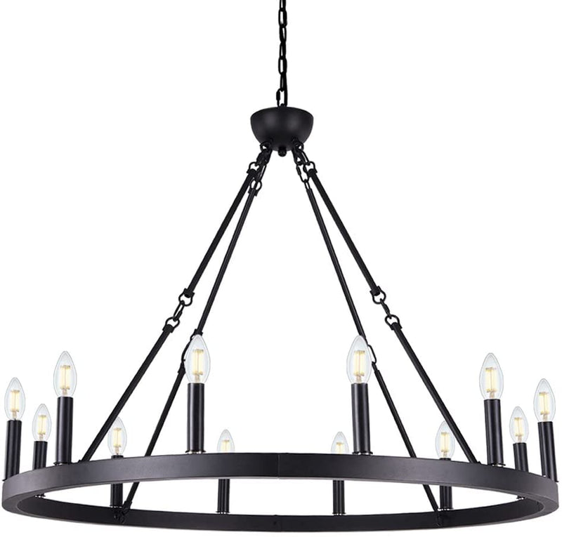 Wellmet 12-Light Black Wagon Wheel Chandelier Diam 38 Inch, Farmhouse Industrial Country Style Large round Pendant Light Fixture for Dining Room, Kitchen Island