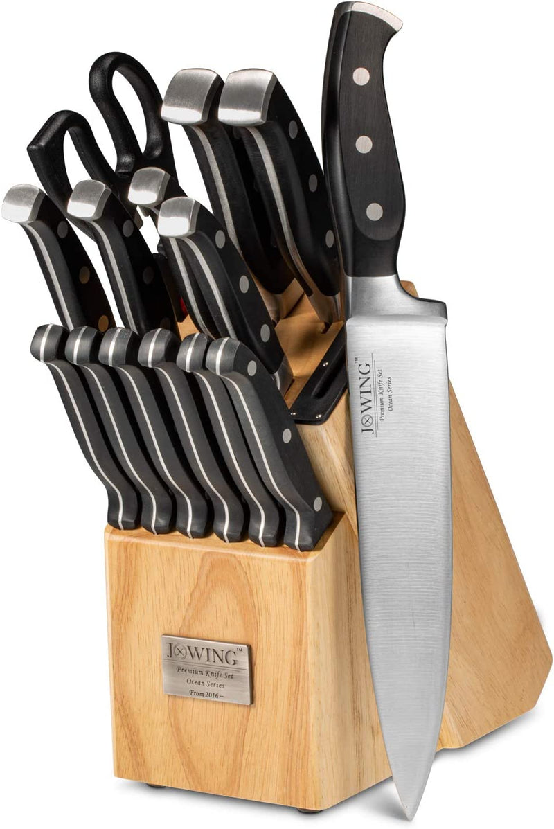 Professional 15-Piece German High Carbon Stainless Steel Kitchen Knife Set, Ocean Series Premium Forged Full Tang Chef Knives Set with Rubber Wood Block, Black Home & Garden > Kitchen & Dining > Kitchen Tools & Utensils > Kitchen Knives JXWING Black  