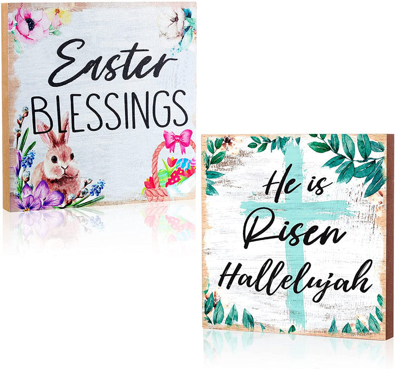 2 Pieces Easter Wooden Plaque Decoration Easter Christian Wooden Sign Easter Blessings and He Is Risen Hallelujah Rustic Easter Religious Wood Table Decoration for Wall Door Room Home Decor
