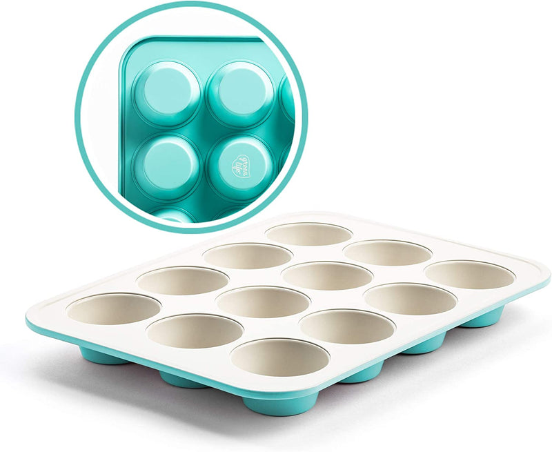 Greenlife Bakeware Healthy Ceramic Nonstick, 12 Piece Baking Set with Cookie Sheets Muffin Cake and Loaf Pans Including Utensils, Pfas-Free, Turquoise Home & Garden > Kitchen & Dining > Cookware & Bakeware GreenLife Turquoise 12 Cup Baking Pan 
