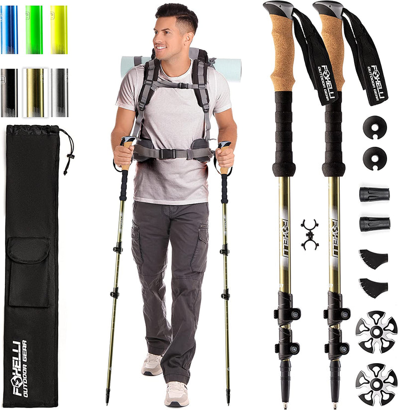 Foxelli Trekking Poles – 2-Pc Pack Collapsible Lightweight Hiking Poles, Strong Aircraft Aluminum Adjustable Walking Sticks with Natural Cork Grips and 4 Season All Terrain Accessories