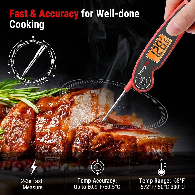 Temppro F05 Digital Meat Thermometer for Cooking with Motion Sensing, Waterproof Food Thermometer for Kitchen BBQ Oil Grill Smoker Candy Thermometer Black/Red