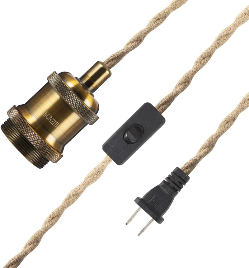 Industrial 16.4Ft Pendant Light Cord - Hanging Light Kit with Switch Plug in Vintage Fabric Lamp Cord with Twisted Hemp Rope Pendant Lights Socket Set E26 E27 (Vintage Brass) Home & Garden > Lighting > Lighting Fixtures LRUNZHUV   