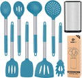 Silicone Cooking Utensil Set, 8Pcs Non-Stick Cookware with Stainless Steel Handle, BPA Free Heat Resistant Kitchen Tools with Spatulas, Turners, Spoons, Skimmer and Pasta Fork Home & Garden > Kitchen & Dining > Kitchen Tools & Utensils BUNDLEPRO Blue  