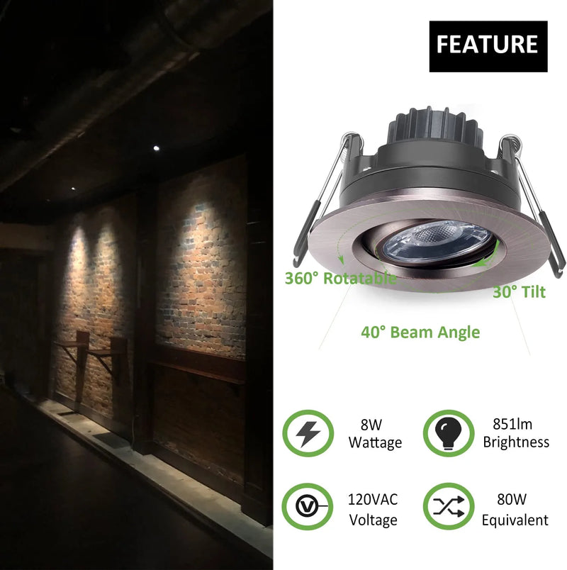 POPANU Canless Recessed Gimbal Downlight Rotatable-Spotlight 5 CCT 3 Inch Eyeball Ceilling Potlight, Dimmable Recessed Lights Fixture with Junction Box, 8W CCT Adjustable, Oil Rubbed Bronze, 6P Home & Garden > Lighting > Flood & Spot Lights POPANU   