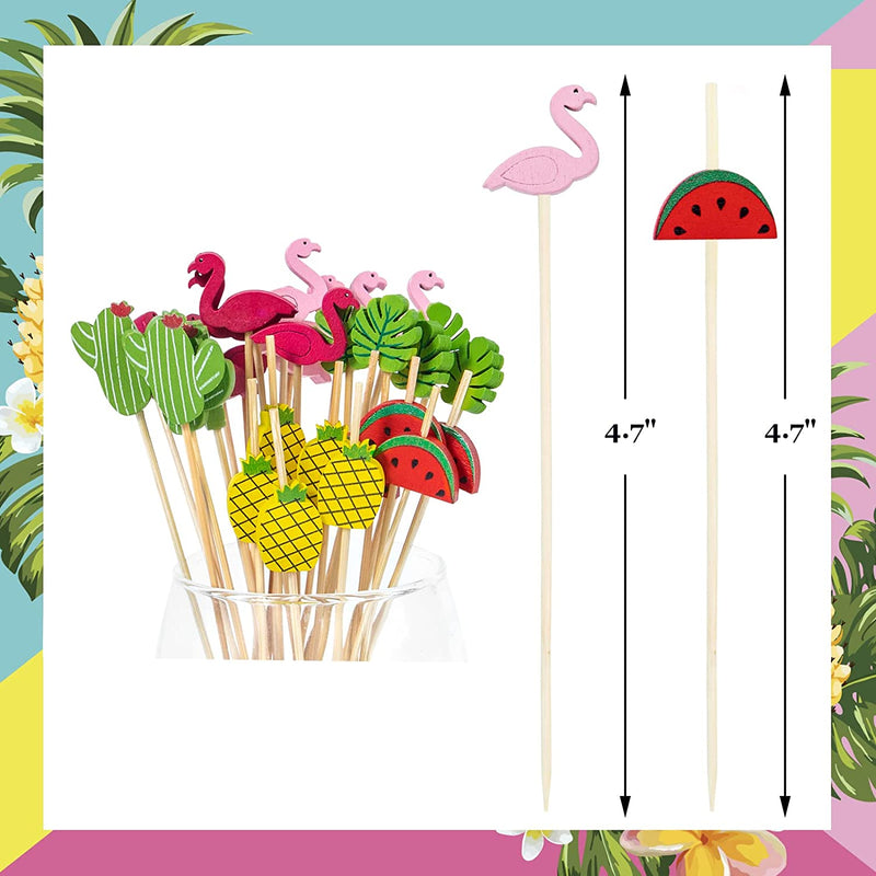 Cocktail Picks, Acerich 200 Pack Bamboo Sticks for Flamingo Party Decorations, Food Picks Toothpicks with Flamingo Pineapple Shapes Cocktail Picks for Drinks