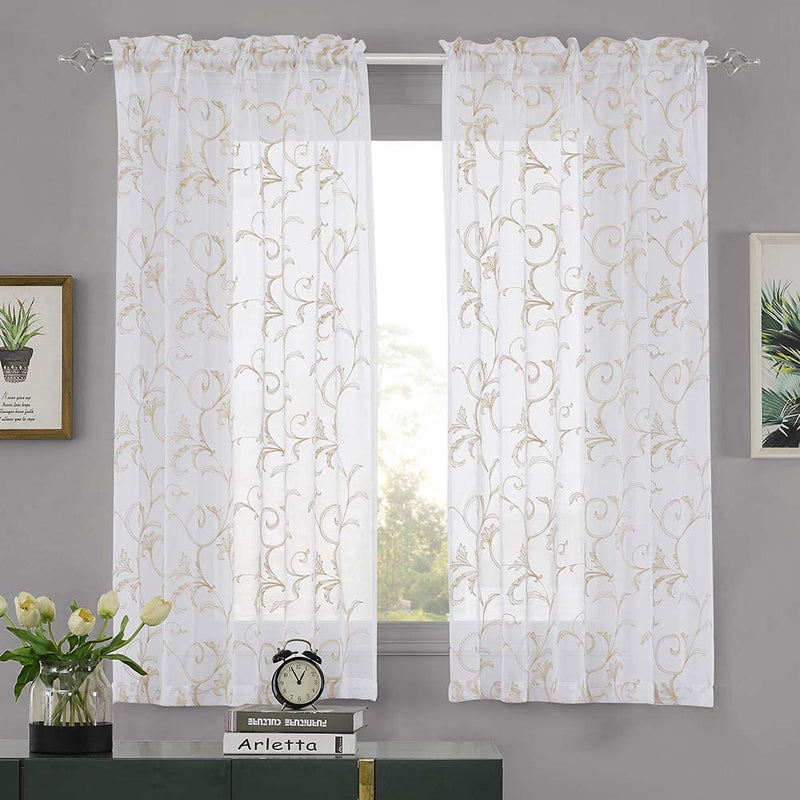 Embroidered Floral Sheer Curtains Beige 63 Inch , Rod Pocket Voile Drapes for Living Room, Bedroom, Vintage Embroidery Semi Crinkle Curtain Panels for Yard, Patio, Villa, Parlor, Set of 2, 52"X 63". Home & Garden > Decor > Window Treatments > Curtains & Drapes MYSTIC-HOME Beige 52"Wx63"L 