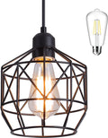Q&S Black Industrial Basket Cage Hanging Pendant Light Fixtures with Plug in Cord 15.1FT On/Off Switch for Kitchen Living Room Camper Bedroom Sink Included LED Bulb Home & Garden > Lighting > Lighting Fixtures aideng Black(Included Bulb )  