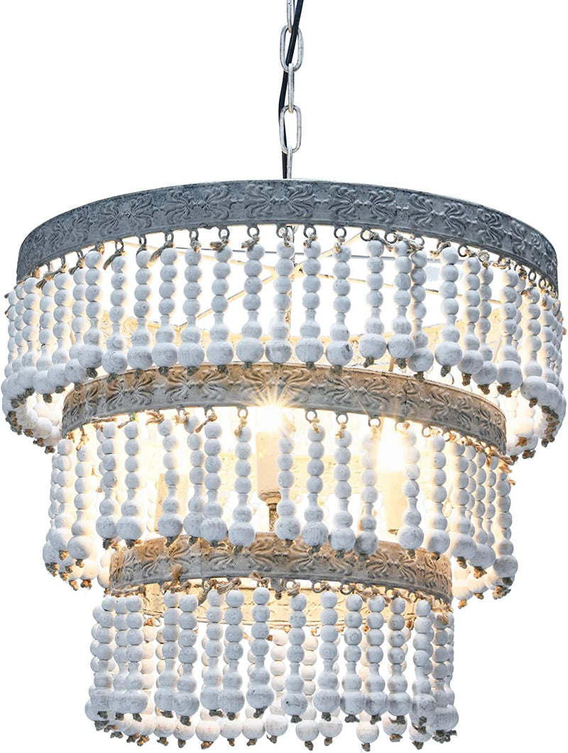 Creative Co-Op Metal & Wood Beaded Chandelier, 20.5" round by 20" Height, Off- White