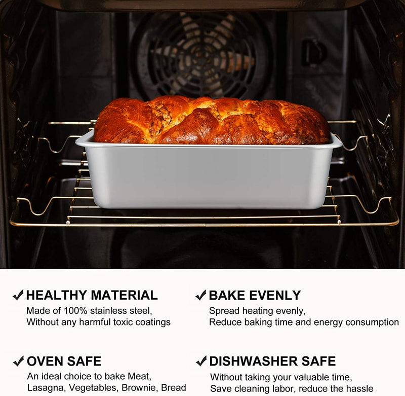 Lasagna Deep Baking Pan - 10.7” X 8.3” X 3.2”,P&P CHEF Rectangular Cake Pan Cookie Bakeware Stainless Steel for Brownie/ Bread/ Meat, Deep Side & round Corner, Brushed Finish & Dishwasher Safe