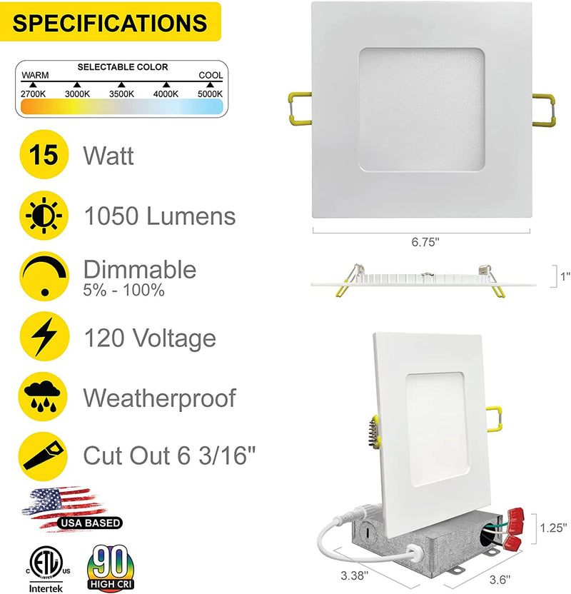 NUWATT 6 Inch Square Ultra Thin LED Downlight (6 Pack) 15W Dimmable LED Ceiling Light, 5-In-1 CCT, Recessed Trim & J Box (White Trim) Home & Garden > Lighting > Flood & Spot Lights NUWATT   