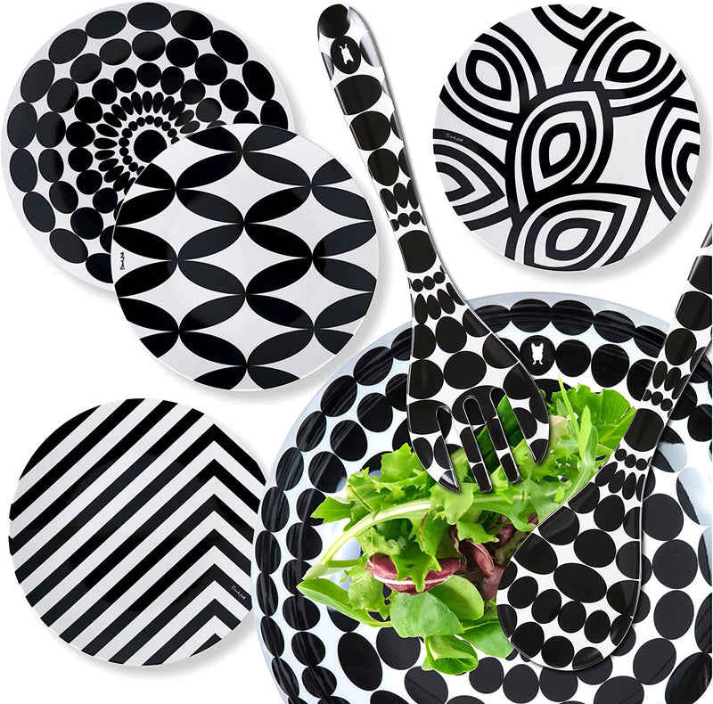 French Bull Assorted Plates - 4 Piece Set - 9 Inch Melamine Salad Plates Set of 4 - Melamine Dinnerware for Indoor and Outdoor - Assorted Black and White Home & Garden > Kitchen & Dining > Tableware > Dinnerware French Bull   