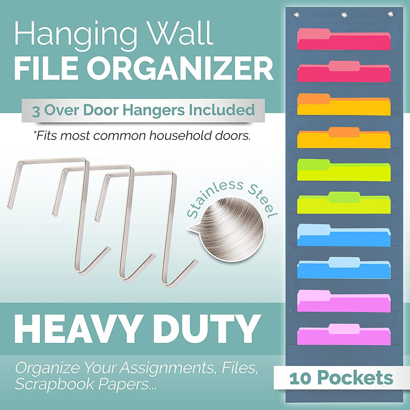 Heavy Duty Storage Pocket Chart for Classroom and Office, 10 Pockets, 3 over Door Hangers Included, Hanging Wall File Organizer for File Folders, School Mailbox, Home/Office Papers & More (Blue)