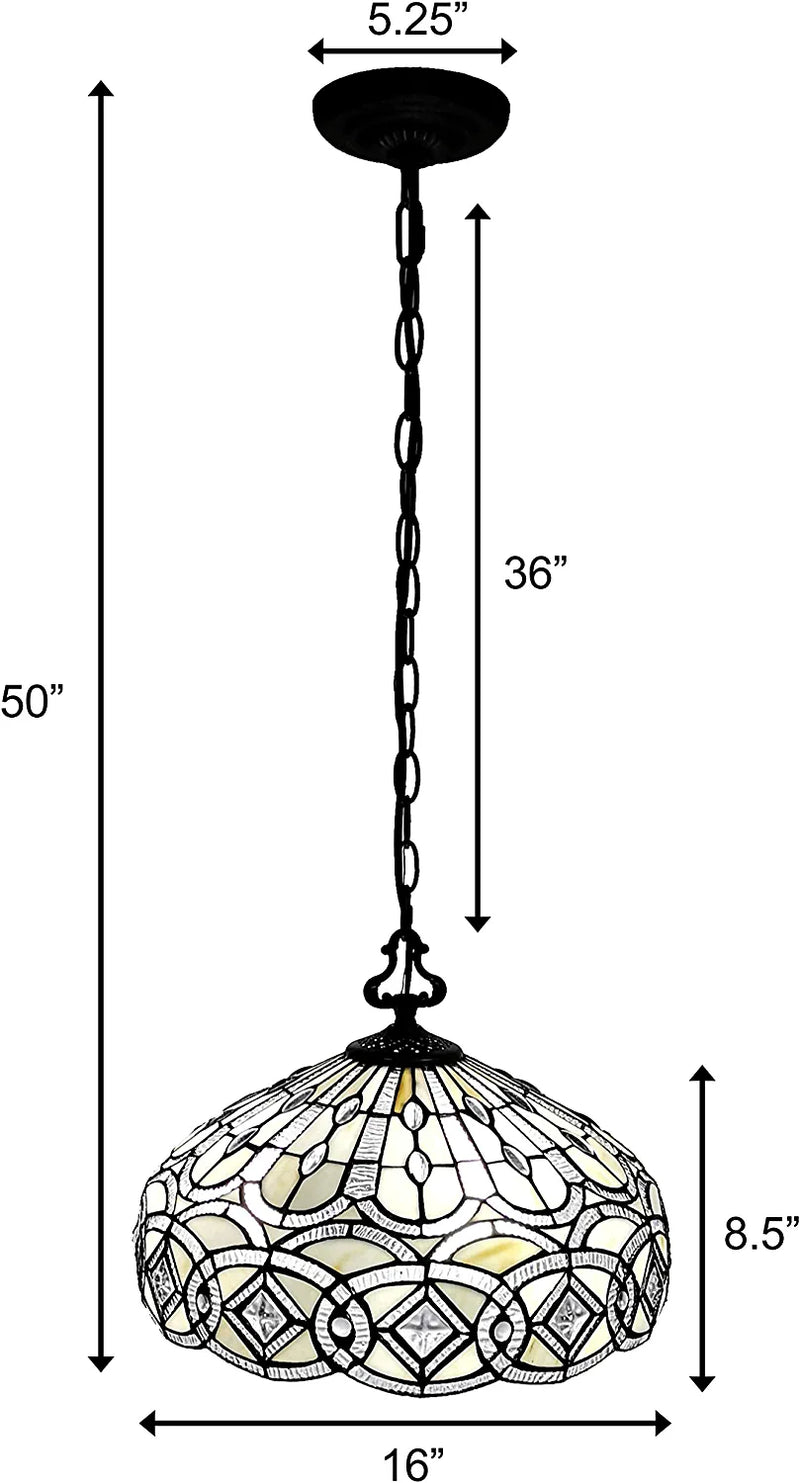 Tiffany Style Hanging Pendant Lamp 16" Wide Stained Glass White Jeweleds Beads Mahogany Antique Vintage Light Decor Restaurant Game Living Dining Room Kitchen Gift AM295HL16B Amora Lighting Home & Garden > Lighting > Lighting Fixtures Amora   