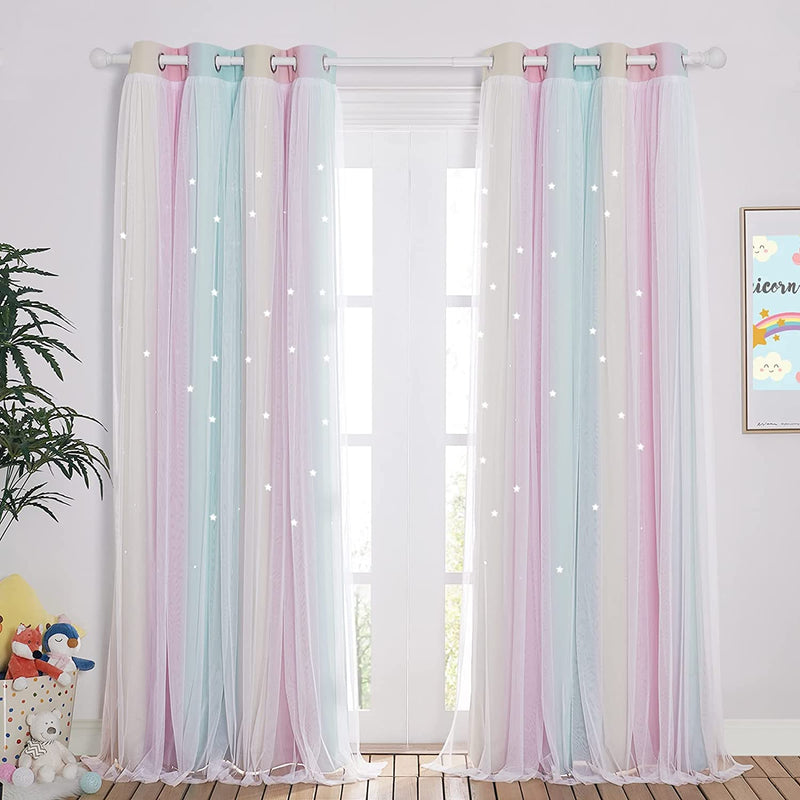 NICETOWN Stars and Moon Hollow-Out Blackout Curtains for Kids Room / Nursery, Grommet Top 2 Layer Window Treatment Curtain Panels for Living Room / Thanksgiving (2-Pack, W52 X L84 Inches, Navy Blue) Home & Garden > Decor > Window Treatments > Curtains & Drapes NICETOWN Pink & Yellow & Green & Blue W52 x L84 