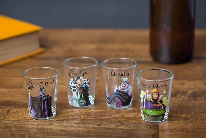 Silver Buffalo Disney Villains Queen, Cruella, Malificent, and Ursula 4-Pack Mini Glass Set, 1-Ounce