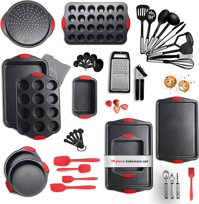 Eatex Nonstick Bakeware Sets with Baking Pans Set, 15 Piece Baking Set with Muffin Pan, Cake Pan & Cookie Sheets for Baking Nonstick Set, Steel Baking Sheets for Oven with Kitchen Utensils Set - Brown Home & Garden > Kitchen & Dining > Cookware & Bakeware EATEX Black 39 Piece Set 