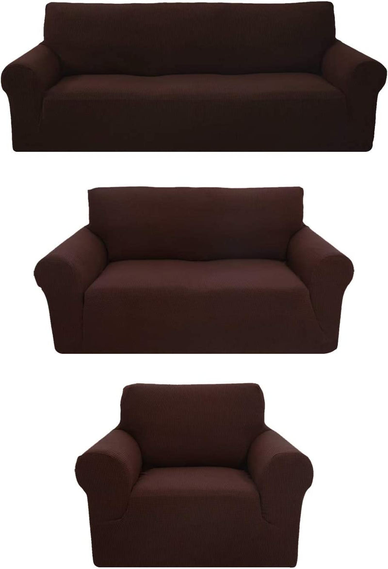 Sapphire Home 3-Piece Brushed Premium Slipcover Set for Sofa Loveseat Couch Arm Chair, Form Fit Stretch, Wrinkle Free, Furniture Protector Set for 3/2/1 Cushion, Polyester Spandex, 3Pc, Brushed, Brown Home & Garden > Decor > Chair & Sofa Cushions Sapphire Home Coffee 3pc set (Sofa, Love, Chair) 