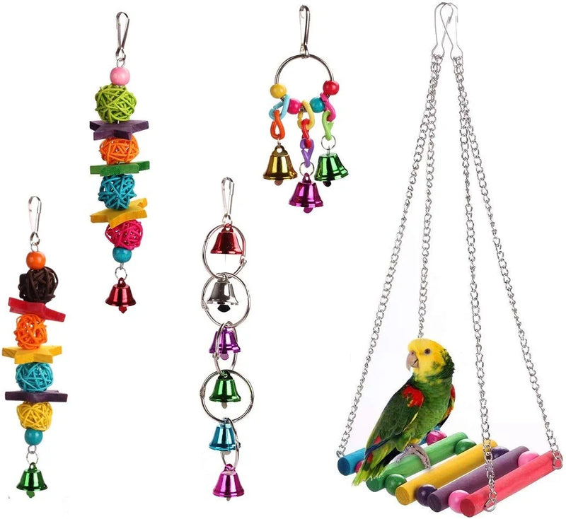 HAPPYTOY Bird Parrot Toys Play Fun Set for Cages, 7Pcs Colorful Chewing Hanging Swing Toy Bells, Wooden Spiral, Cotton Rope, Ladder Swing for Small Parrots, Macaws, Parakeets, Conures, Cockatiels, Lov Animals & Pet Supplies > Pet Supplies > Bird Supplies > Bird Toys HAPPYTOY Bird Swing Set1  