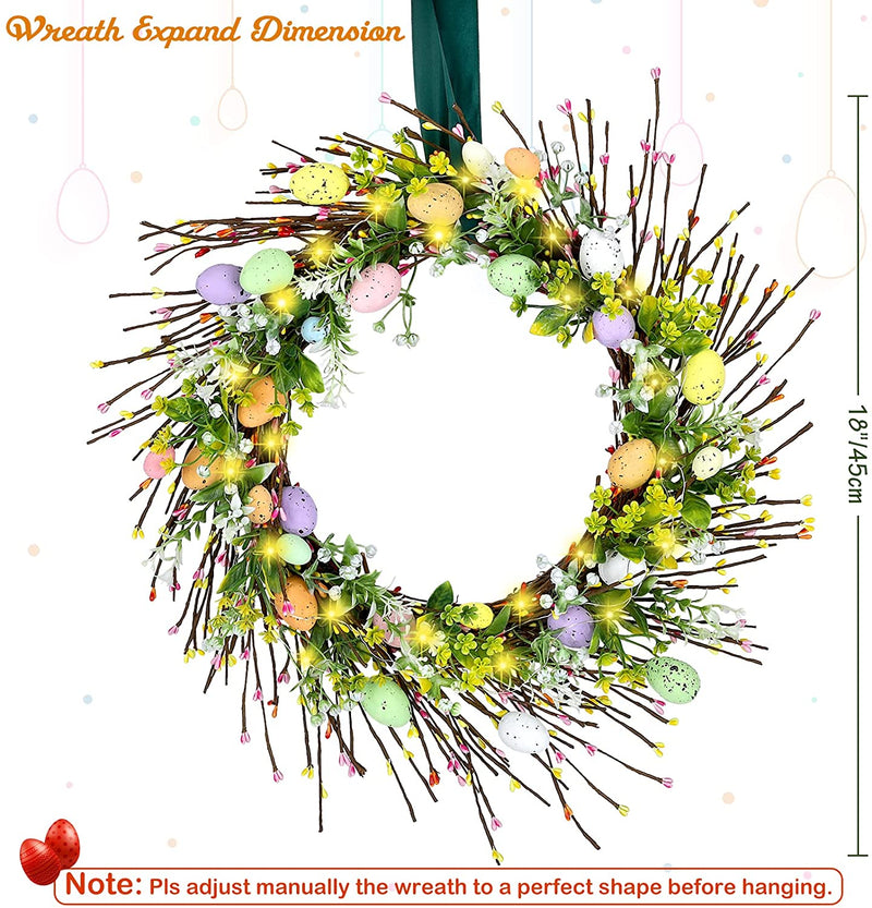 Kakapops Easter Wreath, 18 Inch Easter Egg Wreath for Front Door, Artificial Colorful Berry Wreath with Lights for Home Window Wall Easter Decorations Home & Garden > Decor > Seasonal & Holiday Decorations KakaPops   
