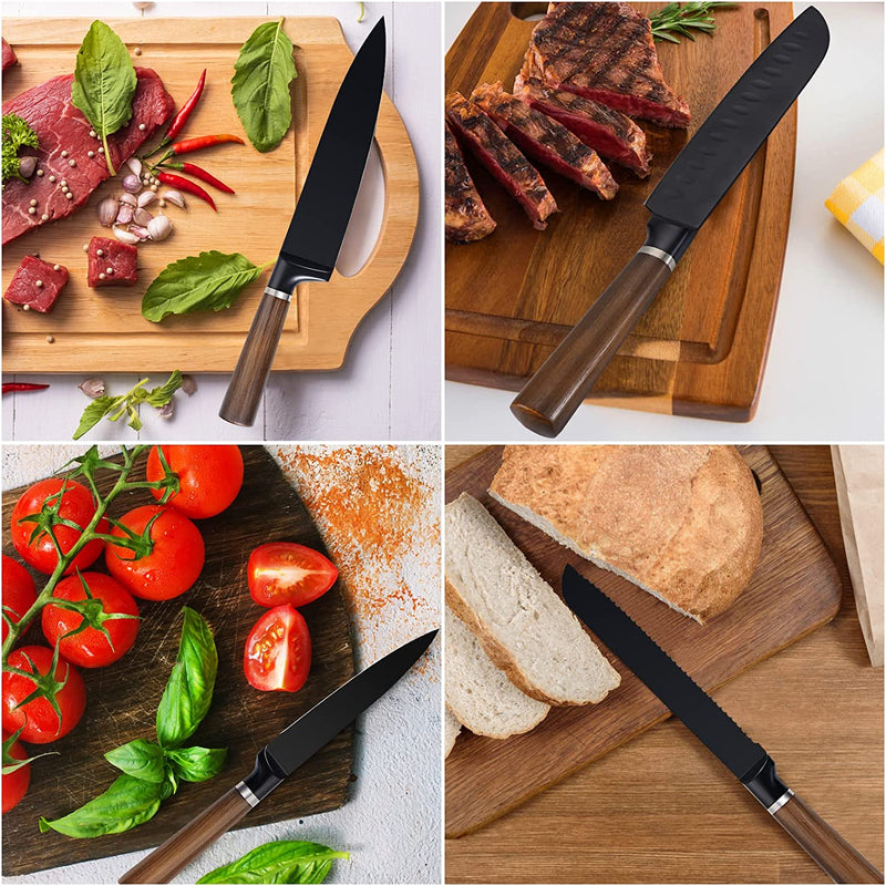 Knife Set, 7 PCS Kitchen Knife Set with Knife Block, Stainless Steel Knife Block Set with Non-Stick Coating Chef Knife, Bread Knife, Paring Knife, Gift