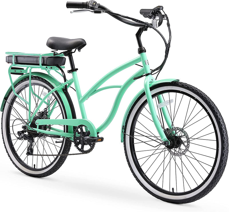 Sixthreezero Electric-Bicycles around the Block Women'S Ebike, 250/500 Watt Motor, 7-Speed Beach Cruiser Bicycle with Rear Rack, 26" Wheels, Multiple Colors Sporting Goods > Outdoor Recreation > Cycling > Bicycles sixthreezero Mint Green w/ Black Seat/Grips Around the Block Ebike (Women's) 26" / 7-speed / 500 Watts