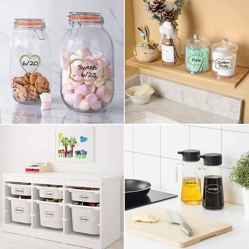 Clear Labels for Jars 180Pcs Waterproof Removable Transparent Write-On Label Stickers with Gold Border,Great for Food Container Spice Bottle Condiment Flour Sugar Canisters Storage Bins,Free 2 Markers Home & Garden > Decor > Decorative Jars Nardo Visgo   