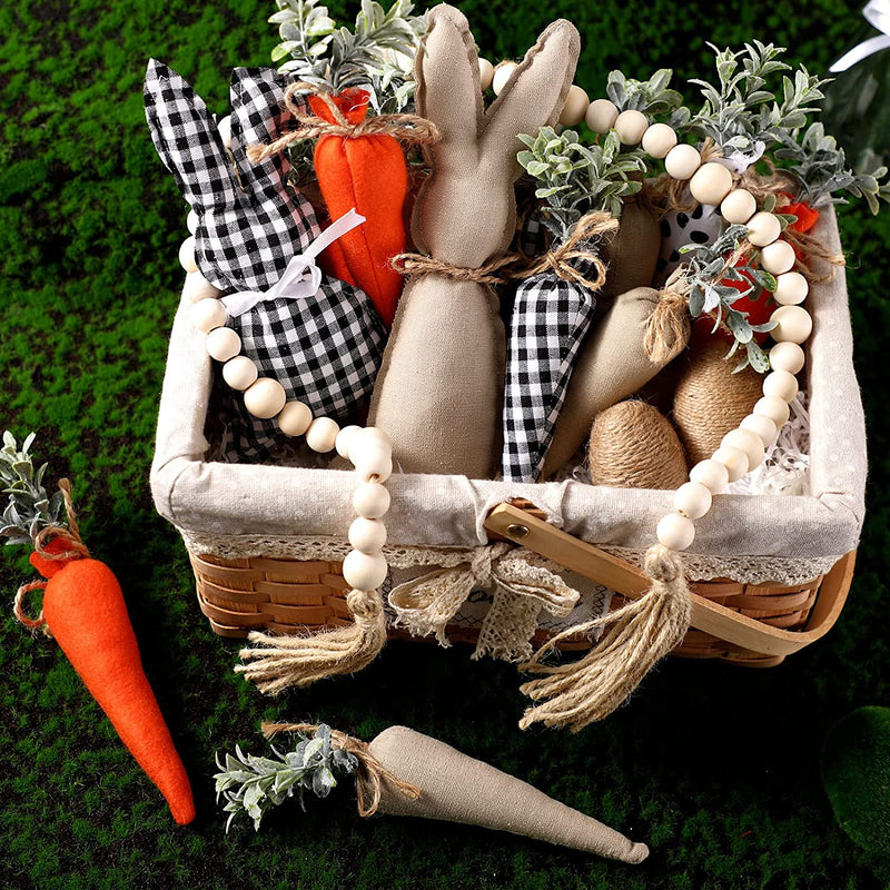 10 Pieces Farmhouse Easter Decor, Easter Rustic Carrots Bunny Eggs with Wood Garland Farmhouse Decorations Vase Filler Decor Fabric Bunnies Carrots Eggs for Spring Basket Easter Tiered Tray Decor