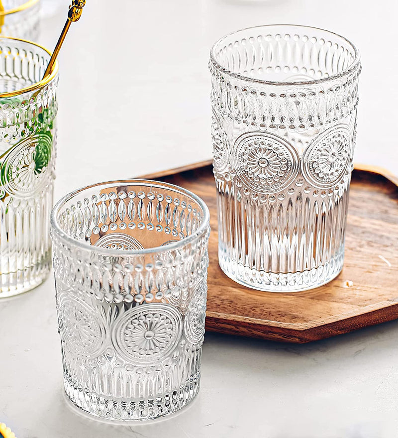 Kingrol 6 Pack 9.5 Oz Romantic Water Glasses, Premium Drinking Glasses Tumblers, Vintage Glassware Set for Juice, Beverages, Beer, Cocktail