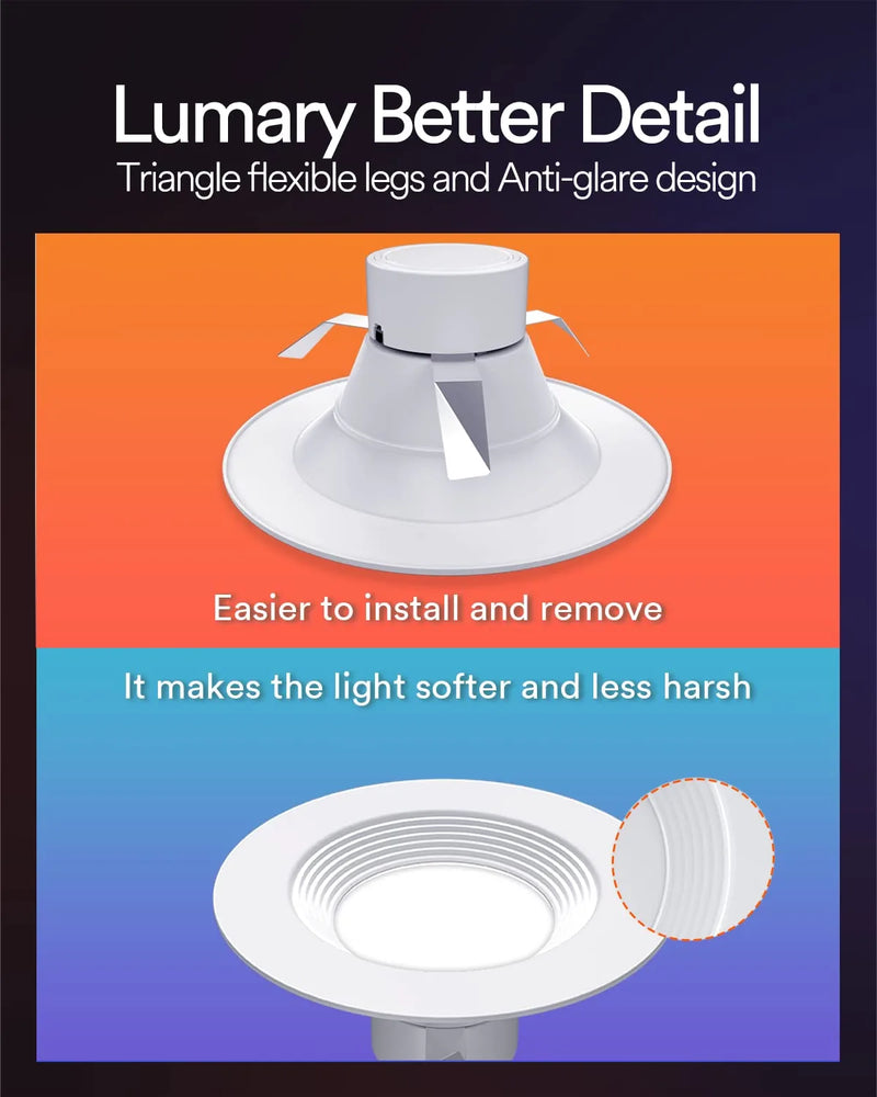 Lumary Smart Retrofit Can Lights 4 Inch, 9W RGBWW 810LM LED Color Changing Dimmable Downlight, Baffle Trim Recessed Lighting, Work with Alexa/Google Assistant