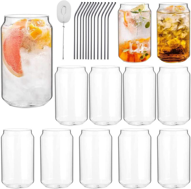 Drinking Glasses Set,Can Shaped Glass Cups,Beer Tumbler,Set of 12,16 OZ Beer Can Glasses with Straws,Classic Pint Glasses for Iced Tea,Cocktail,Coffee,Wine and Water Home & Garden > Kitchen & Dining > Tableware > Drinkware COMUDOT   