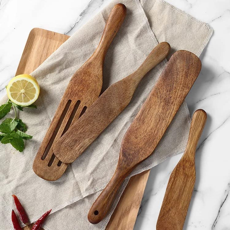 Muhyee Premium Acacia Wood 5 PCS Spurtle Set, Cooking Tools,100% Natural Wood Spatula with Resting Tray/Spoon Rest, Light Weight Kitchen Utensil, Nonstick Cookware, Housewarming Gift.