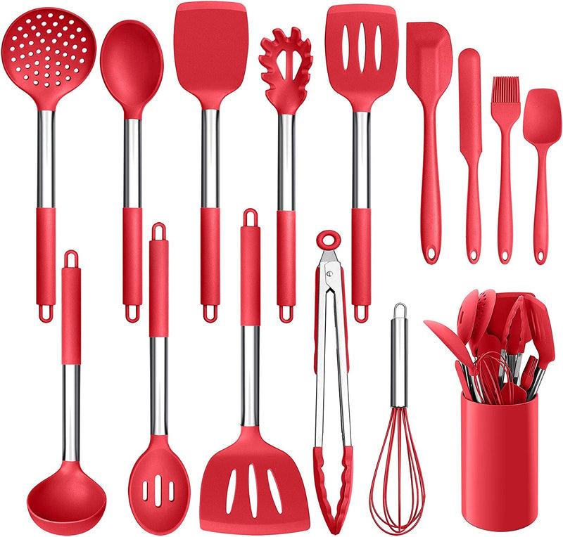 LIANYU 15-Piece Cooking Kitchen Utensils Set with Holder, Silicone Kitchen Tools Stainless Steel Handle, Slotted Spatula Spoon Turner Tong Whisk Brush for Cooking, Red Home & Garden > Kitchen & Dining > Kitchen Tools & Utensils LIANYU Red  