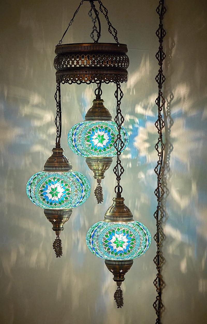 Demmex 2021 Turkish Moroccan Mosaic Swag Plug in Chandelier with 15Feet Cord Cable Chain & 3 Big Globes (Turquoise-Blue-Green) Home & Garden > Lighting > Lighting Fixtures > Chandeliers DEMMEX   