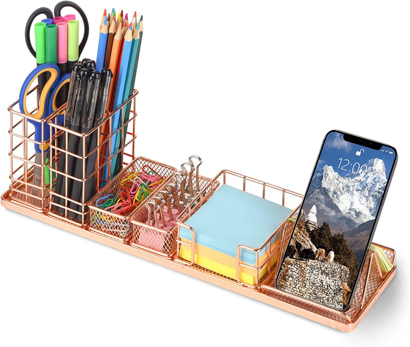 Pen Holder for Desk, Desk Organizer with Pen Holder, DIY Desktop Organization with Phone Holder, Sticky Note Tray, Paperclip Storage and Office Accessories Caddy for Office Home School, Black Home & Garden > Household Supplies > Storage & Organization Topwey Rose Gold  