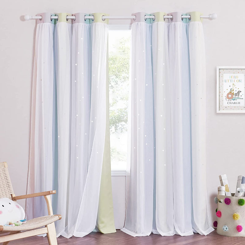 NICETOWN Nursery Curtains for Kids, Farmhouse Blackout Curtain Panels for Bedroom, Double Layer Star Hollow-Out Grommet Aesthetic Living Room Toddler Window Curtains, 2 Pcs, W52 X L84, Biscotti Beige Home & Garden > Decor > Window Treatments > Curtains & Drapes NICETOWN Purple & Blue & Yellow W52 x L84 
