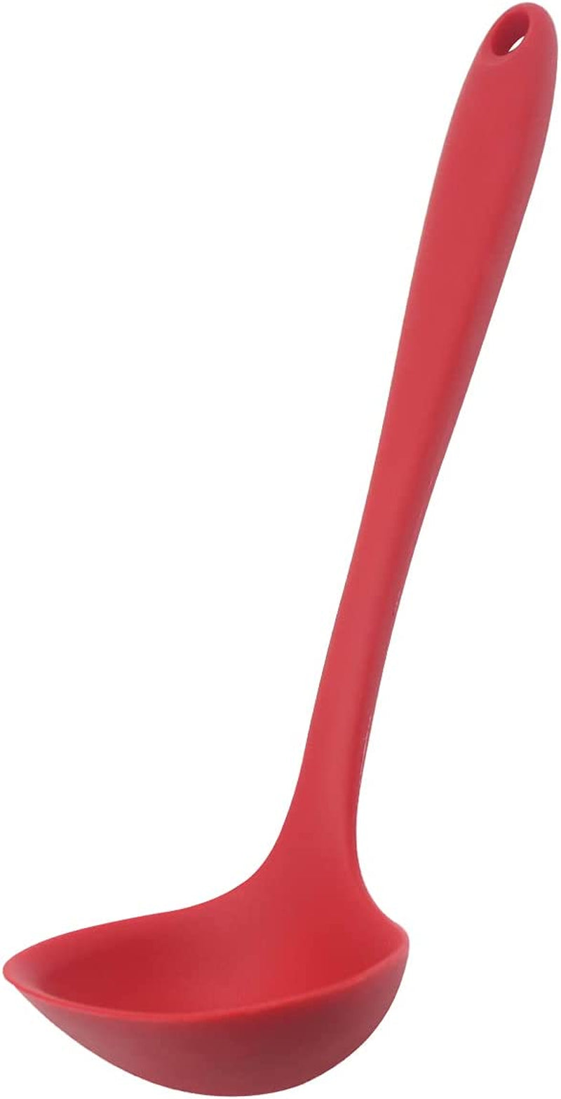 MJIYA Silicone Ladle Spoon, MJIYA Seamless & Nonstick Kitchen Ladles, Silicone Heat Resistant Kitchen Cooking Utensils Non-Stick Baking Tool Tongs Ladle Gadget (Red) (Ladle)