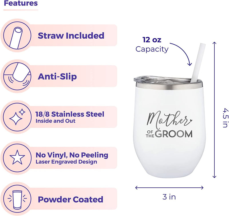 Sassycups Mother of the Groom Tumbler | Engraved Stainless Steel Insulated Wine Tumbler with Lid and Straw | Wedding Party Tumblers | for Grooms Mom | Engagement Announcement (12 Ounce, White)
