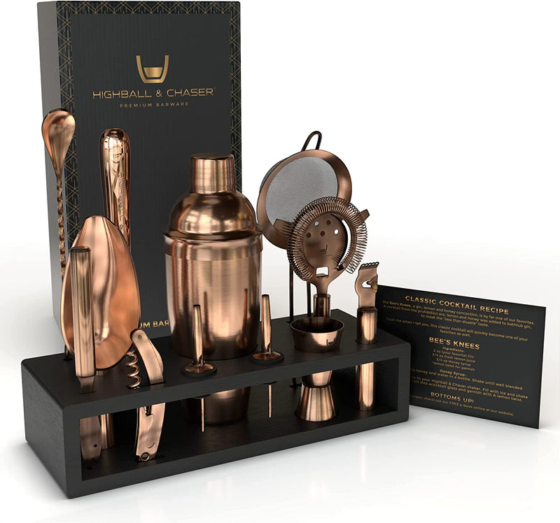 Highball & Chaser 13-Piece Cobbler Cocktail Shaker Set Stainless Steel Mixology Bartender Kit with Stand for Home Bar Cocktail Set | Laser Engraved Cocktail Tools | plus Ebook with 30 Cocktail Recipes Home & Garden > Kitchen & Dining > Barware Highball & Chaser Antique Copper  