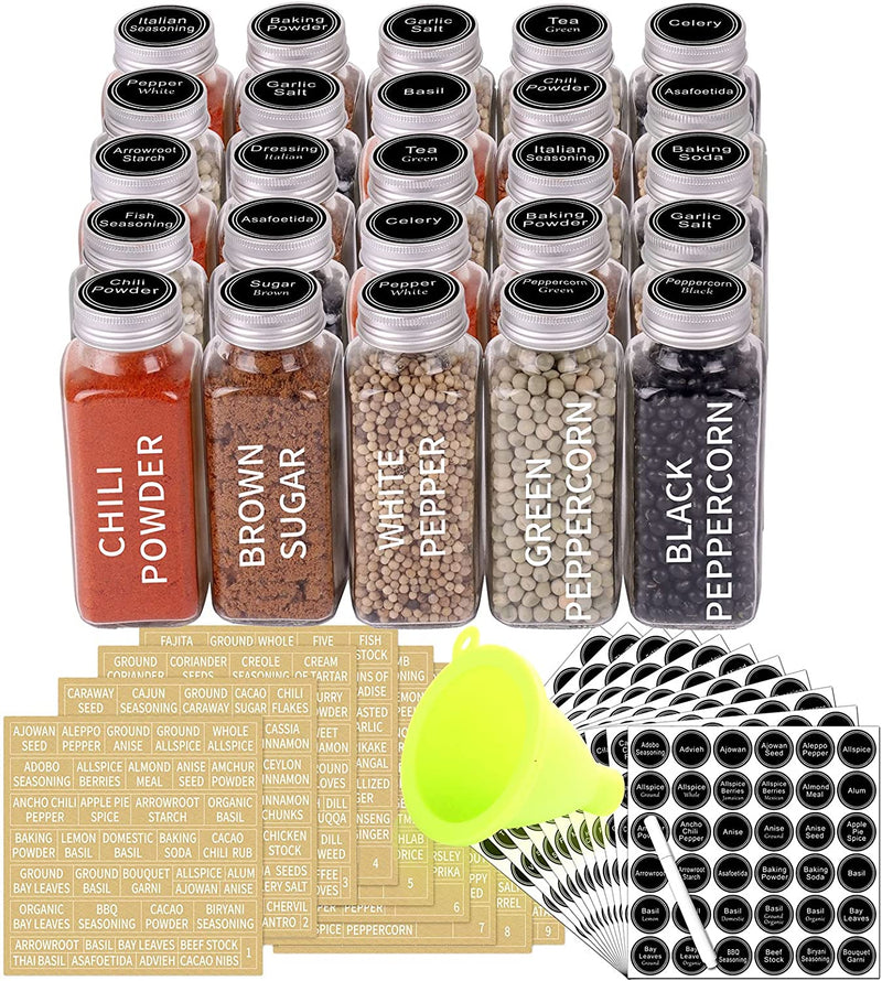 SWOMMOLY 25 Glass Spice Jars with 703 Spice Labels, Chalk Marker and Funnel Complete Set. 25 Square Glass Jars 4OZ, Airtight Cap, Pour/Sift Shaker Lid Home & Garden > Decor > Decorative Jars SWOMMOLY 8 OZ  