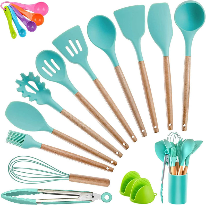 Kitchen Utensil Set Silicone Cooking Utensils, CROSDE 19Pcs Kitchen Utensils Set Tools Wooden Handle Spoons Spatula Set Cookware Turner Tongs Kitchen Gadgets with Holder - Teal Home & Garden > Kitchen & Dining > Kitchen Tools & Utensils CROSDE   