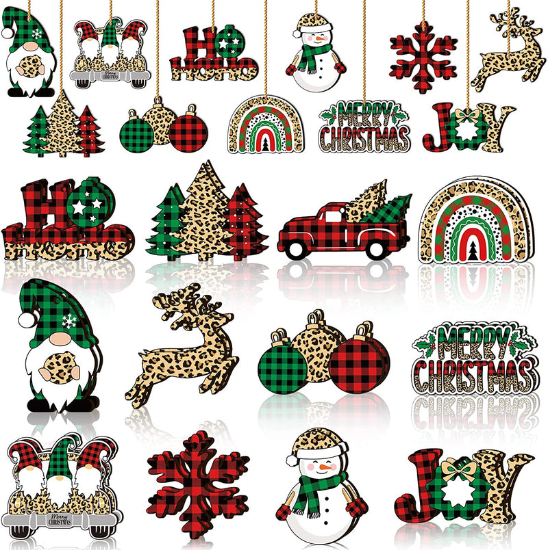 Spiareal Christmas Wooden Decor Christmas Wooden Snowflake Gnome Snowman Hanging Signs Ornaments Christmas Tree Decoration Signs Wood with Rope for Xmas Party ( Vintage Style, 24 Pieces)  Spiareal Leopard Print 24 