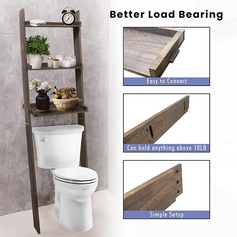 Over the Toilet Storage Ladder Shelf 3 Tier Wooden over Toilet Bathroom Organizer Rack for Small Space, Bathroom, Restroom, 70 Inch Tall, Dark Brown