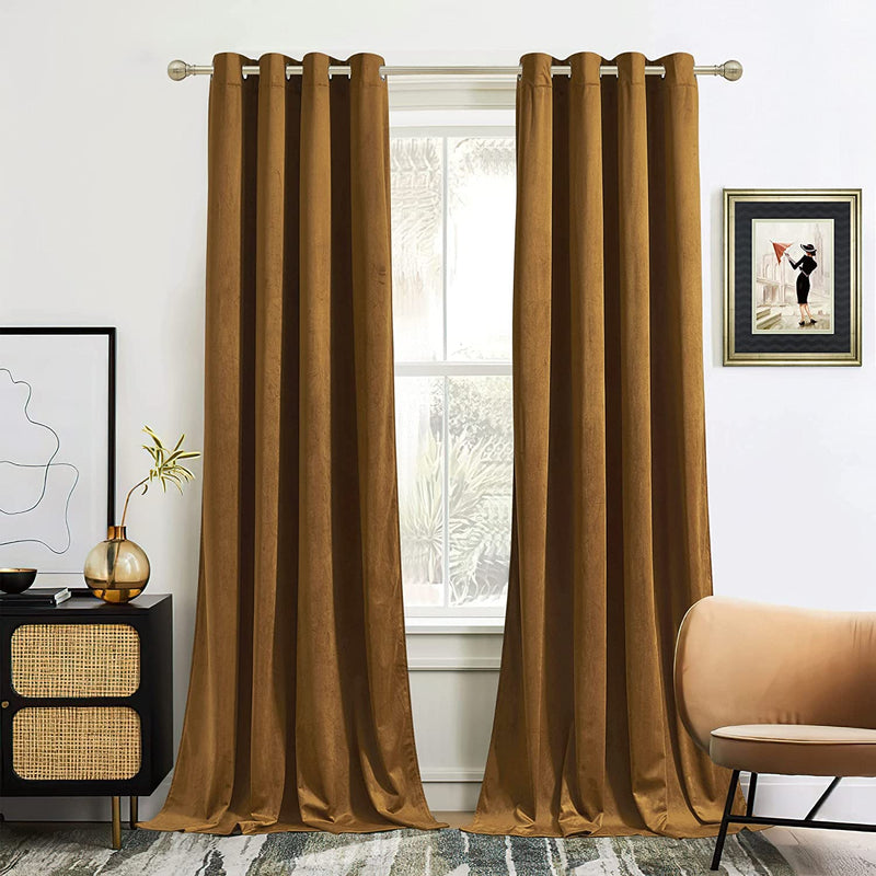 RYB HOME Black Velvet Curtains for Bedroom, Light Blocking Winds & Nosie Dampening Window Curtain Drapes Energy Saving Elegant Home Decoration for Kitchen Living Room, W52 X L84 Inches, 2 Panels Set Home & Garden > Decor > Window Treatments > Curtains & Drapes RYB HOME Golden Brown W52 x L96 
